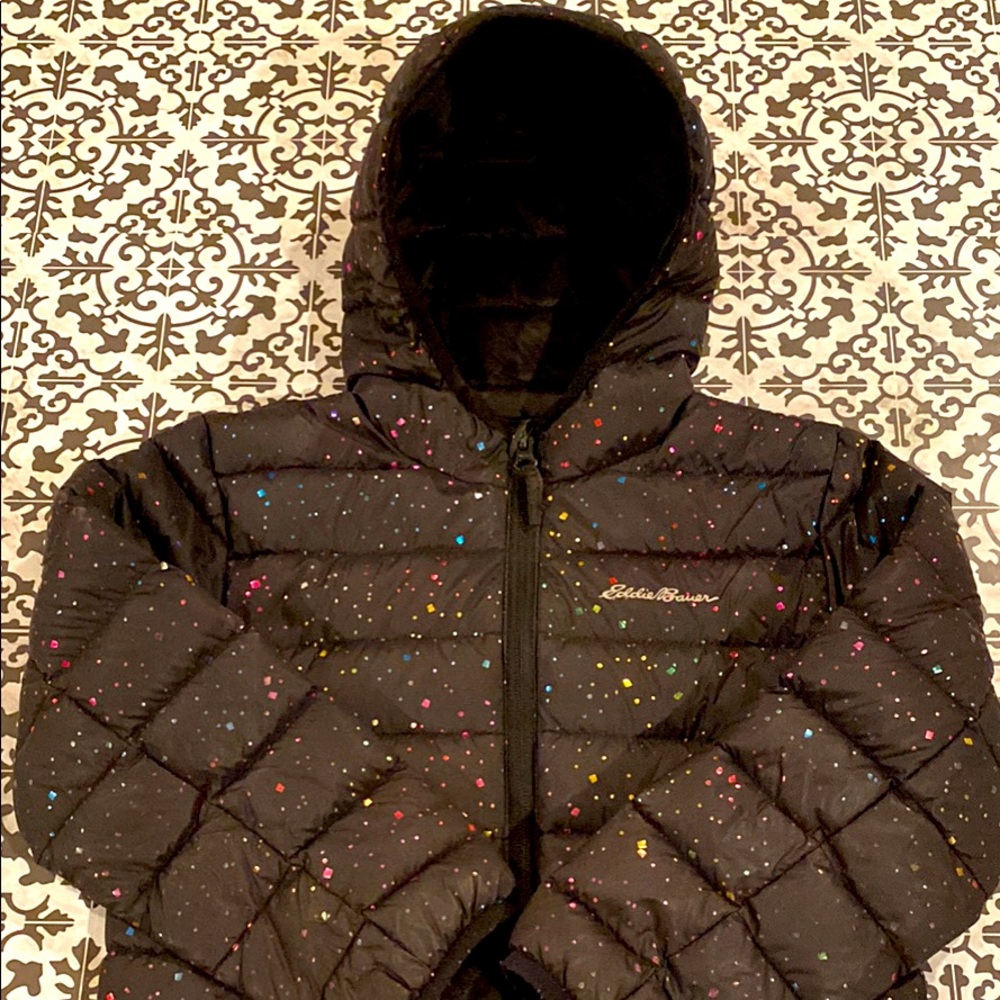 Eddie Bauer Girls Down Filled Puffer Size XS 5/6 Black with multi sparkle